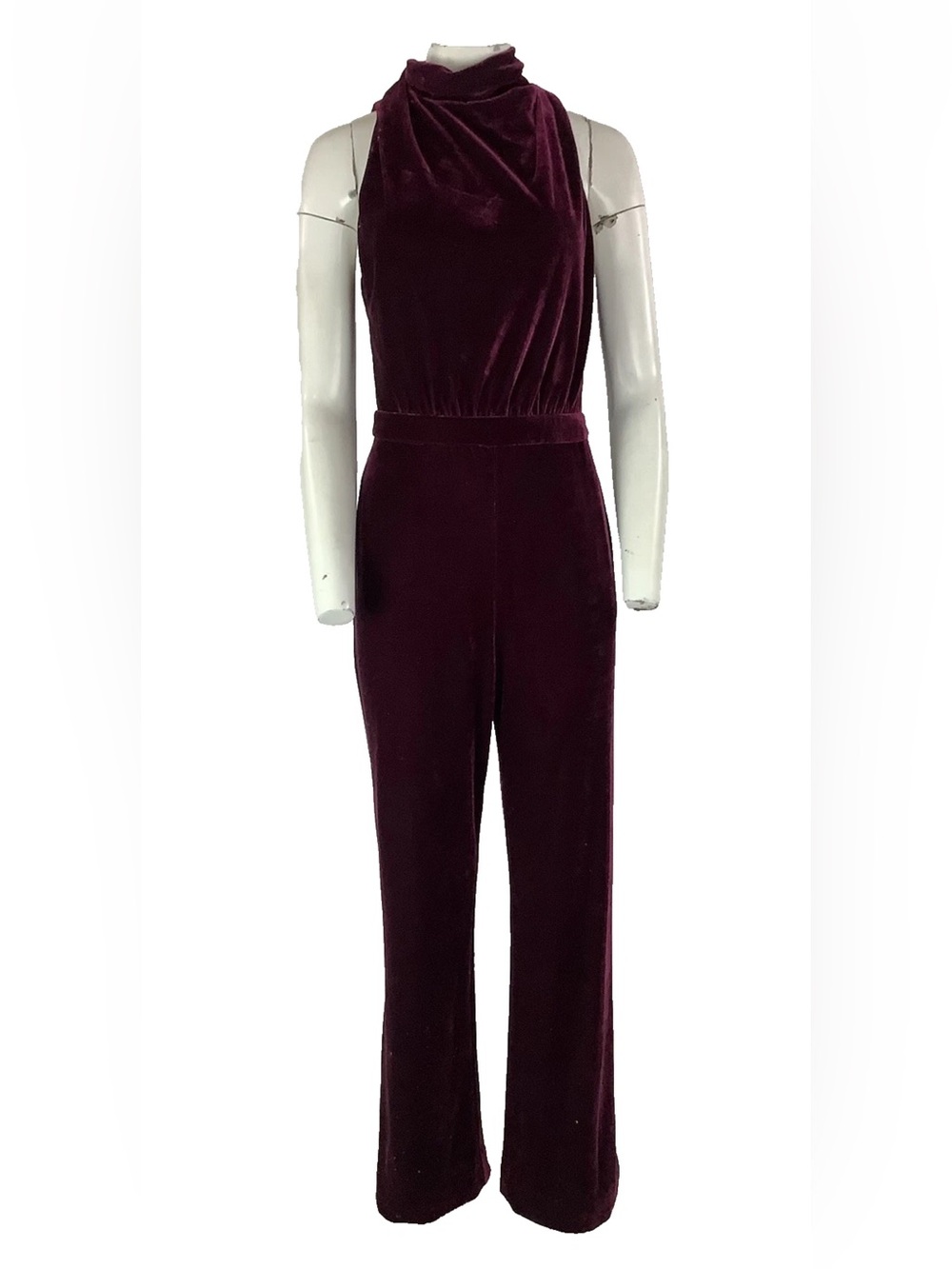 Reiss Sz 4 Fitted Velvet Open Back Mock Neck 70's Look Jumpsuit Wine Red